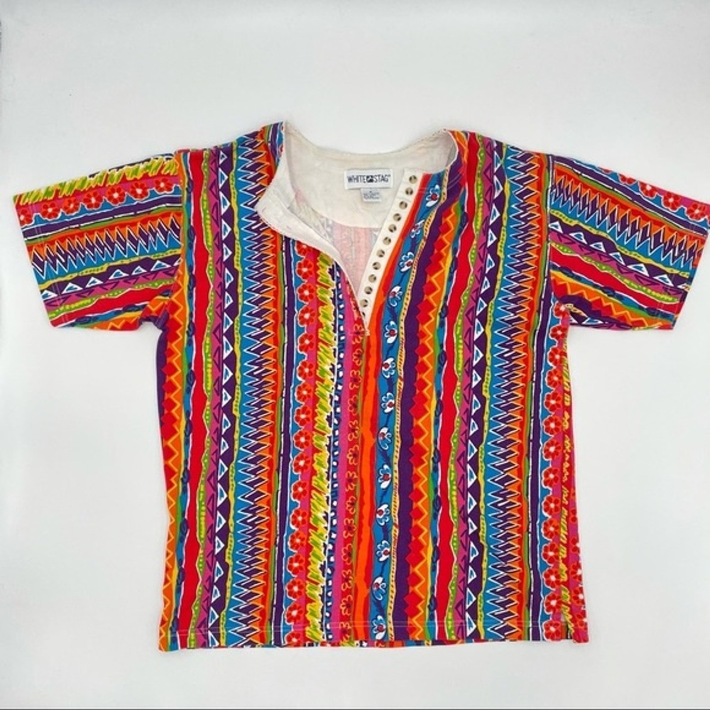 Vintage 90s Shirt Stripes Eclectic Geometric Funky Pattern Top Women Size Medium